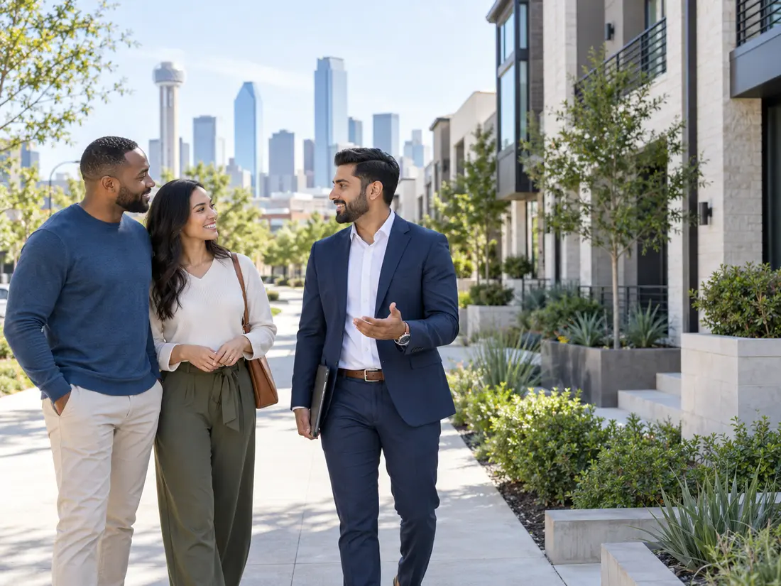 Homebuyers meeting with a real estate advisor in a modern DFW neighborhood